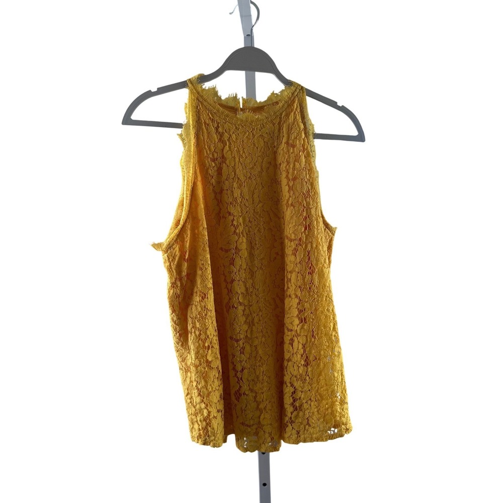 HALIFE Womens Mustard Yellow Floral Lace High Neck Sleeveless Blouse Top XL